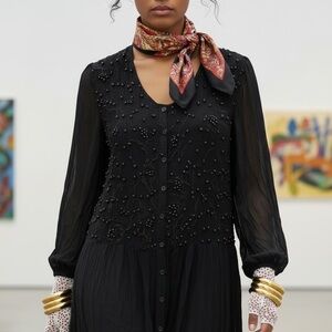 Vintage 90s Black Beaded Rayon Dress Whimsigoth Grunge India Padded Shoulder M